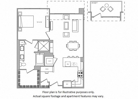Floor plan for 1 bed, 1 bath, 832 sqft